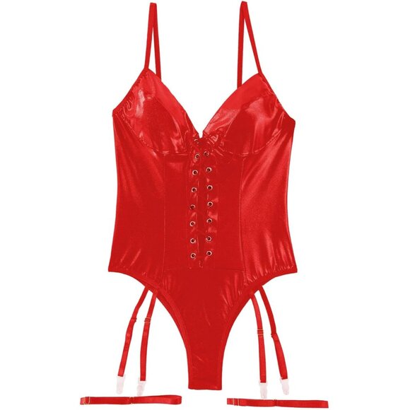 Women's Red Teddy Bodysuit Corset Bustier Nightout One Piece Top Outfit - Picture 4 of 4